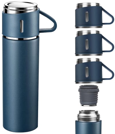 REDOM RVS Thermosfles 500 ml – Dubbelwandig 12 uur Warm & Koud, Lekvrij met Siliconen Antislip Basis & Draaggreep – Voor Werk, Sport & Reizen – Blauw