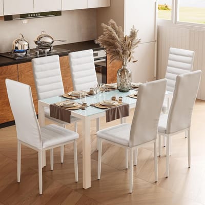 Moderne Eettafel Set voor 6 Personen, Tempered Glas 7-Delig Tafel en Stoelen Set voor Thuis, Keuken en Woonkamer