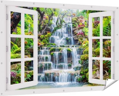 Gards Tuinposter Doorkijk Tropische Waterval in Thailand - 180x120 cm - Tuindoek - Tuindecoratie - Wanddecoratie buiten - Tuinschilderij