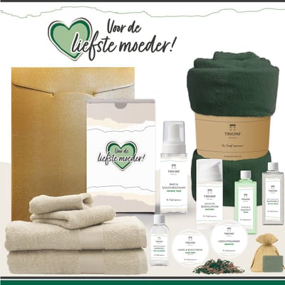 Geschenkset “Voor de liefste moeder!” - 13 producten - 2000 gram | Triomf Original - Giftset voor haar Cadeau Moederdag Luxe Wellness Pakket Vrouw Speciaal Cadeaupakket Geschenk Lieve Mama Verjaardag Kerst Kerstpakket Gift Set Groen Beige