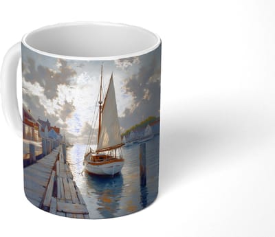 Mok - Koffiemok - Zeilboot - Zon - Pier - Hout - Mokken - 350 ML - Beker - Koffiemokken - Theemok
