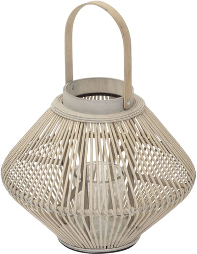 Bamboe lantaarn, windlicht H: 47 cm houtkleur, boho tuinlantaarn met handvat & glazen inzet, rieten kaarsenhouder