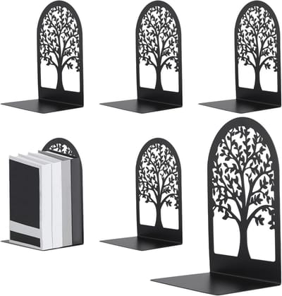 Decoratieve metalen boekensteunen in zwart - 6 stuks, levensboom design voor thuiskantoor en boekenplank, stevige boekenstopper