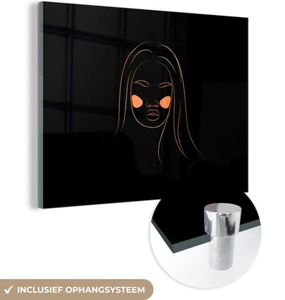 MuchoWow® Glasschilderij 160x120 cm - Schilderij acrylglas - Vrouw - Goud - Roze - Line art - Foto op glas - Schilderijen