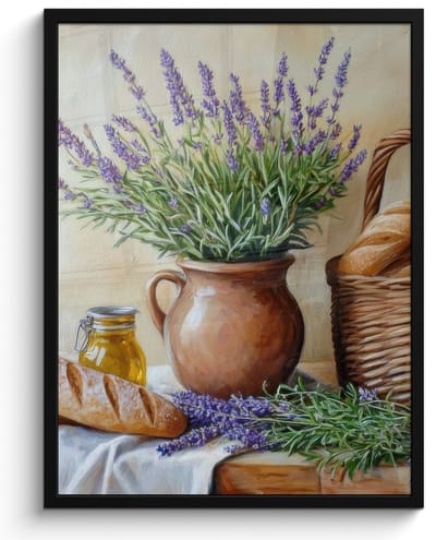 Poster in lijst - Fotolijst 50x70 cm - Posters - Lavendel - Brood - Stilleven - Posterlijst zwart - Decoratie - Wanddecoratie woonkamer - Muurdecoratie slaapkamer