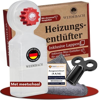 Weidebach Verwarmingsventielsleutel met opvangbakje (140 ml), verwarmingsventielsleutel incl. microvezeldoekje & miniventielsleutel voor smalle ruimtes, ventielsleutel voor alle verwarmingselementen, lang model