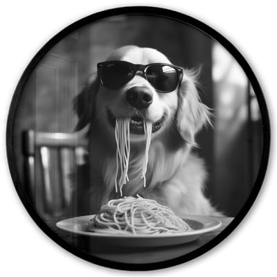 Poster in lijst Rond - Fotolijst 40x40 cm - Posters - Golden Retriever - Hond - Vrolijk - Bord spaghetti - Zwart - wit - Ronde posterlijst zwart - Decoratie - Wanddecoratie woonkamer - Muurdecoratie slaapkamer