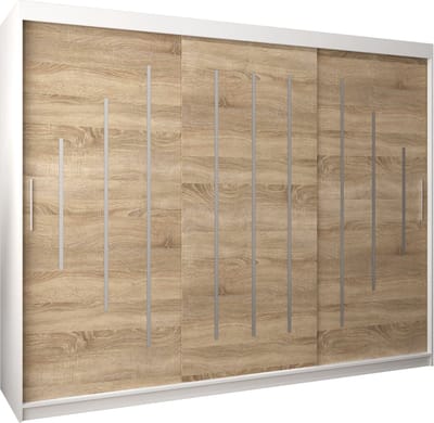 InspireMe - Kledingkast met 3 schuifdeuren, Modern-stijl, Een kledingkast met planken (BxHxD): 250x200x62 - MALTESE 250 Wit Mat + Sonoma Eik