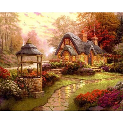 Diamantborduurwerk Huis Landschap 5D DIY Diamantschilderij Kruissteek Diamantpatroon Huisdecoratie 20X30CM beige