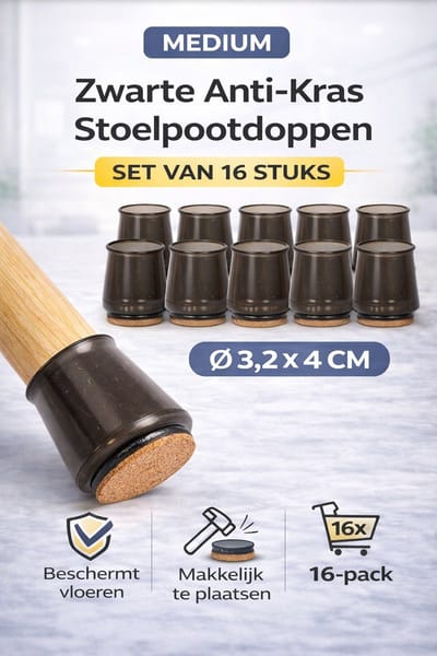 Anti Kras Stoelpoot Doppen Large – 16 Stuks – Ø 3,2 x 4 cm – Zwarte Stoelpootbeschermers met Vilt – Geluidsdempend & Vloerbescherming voor Stoelen en Meubels – Zwart