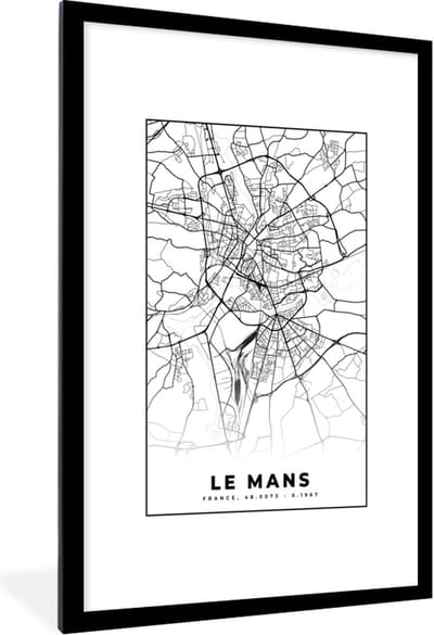 Fotolijst incl. Poster Zwart Wit- Plattegrond - Kaart - Le Mans - Frankrijk - Stadskaart - Zwart wit - 80x120 cm - Posterlijst