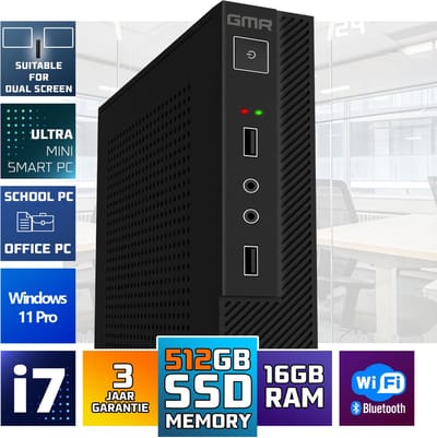 GMR Mini PC Intel Core i7 – 16GB RAM – 512GB SSD – Windows 11 Pro – WiFi & Bluetooth – Compacte Desktop Computer voor Kantoor, Thuiswerken, Studie en Zakelijk Gebruik – Dual Monitor – Inclusief VESA Bevestiging – 3 Jaar Garantie