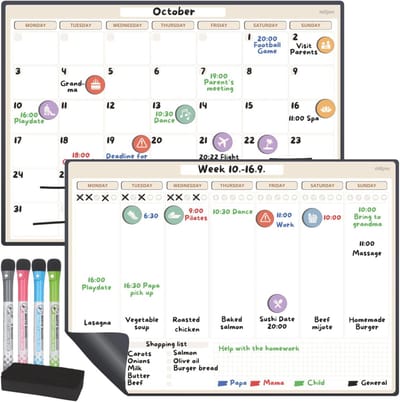 SnelShoppen - Magnetische Kalender voor Koelkast A3 - Uitwisbare Maand- en Weekplanner met 42 Stickers, 4 Markers en 1 Gum - Magnetisch Whiteboard voo