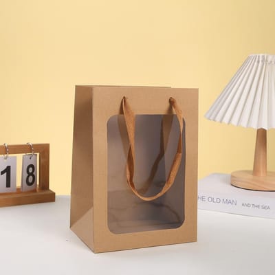 5 stuks Zwarte Kraft Papieren Cadeautasjes met Transparant Venster Kraft Boodschappentassen met Handvatten voor Cadeau Festivals Feest voor Kleinhandelswinkels Boutique 5pcs