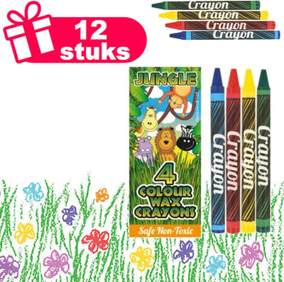 Henbrandt - 12 Stuks 4-Delige Jungle Dieren Waskrijtjes Sets - Kleurkrijtjes kinderen in de kleuren: Groen Geel Rood Blauw - Traktatie uitdeelcadeautjes - Traktaties en kinderverjaardagen - Klein grabbelton speelgoed voor in traktatie uitdeelzakjes