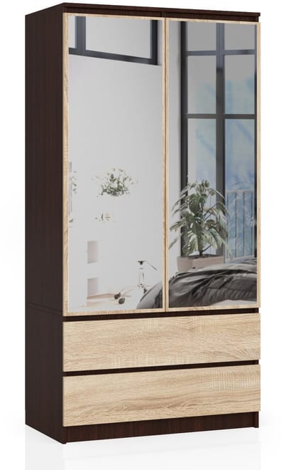 Kledingkast S90 met Spiegel 2 Deuren en 2 Lades / AKORD Furniture Factory / Venge - Sonoma Eik / 90 x 180 x 51 cm