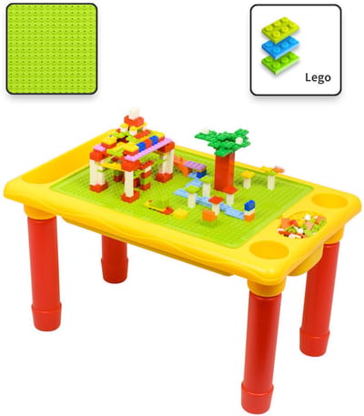 Kindertafel Bouwtafel - Speeltafel met bouwplaat (Voor LegoÂ® blokken) en vlakke kant - 4 Vakken - Met 310 Bouwstenen