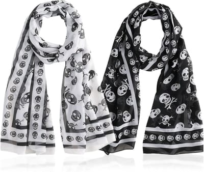 Twee Stuks Schedel Sjaal voor Dames en Meisjes, 50 x 150 cm, Lichte Chiffon Sjaals, Zachte Neckerchief met Schedelpatroon voor Feestelijke Gelegenheden en Reizen