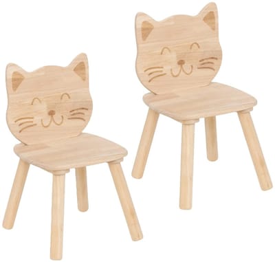 Atmosphera Kinder stoeltje Katje/poes - 2x - naturel - hout - D30 x H50 cm - bijzet stoeltjes