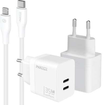 Phreeze usb C oplader met kabel geschikt voor iPhone en iPad met Lightning kabel - Power Delivery snellader met 2 usb C poorten - GaN charger