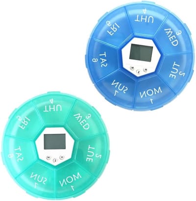 Automatische Pillen Dispenser Set van 2, 7 Dagen Elektronische Medicatie Organizer met Timer en Herinnering voor Voorgeschreven Medicijnen en Vitamines, Groen en Blauw