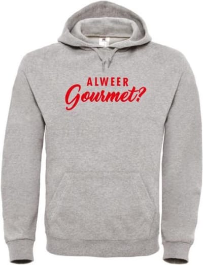 Foute kersttrui hoodie grijs L - Alweer gourmet? - Rood glitter - soBAD. | Kersttrui soBAD. | kerstsweaters volwassenen | kerst hoodie volwassenen | Kerst outfit | Foute kerst truien