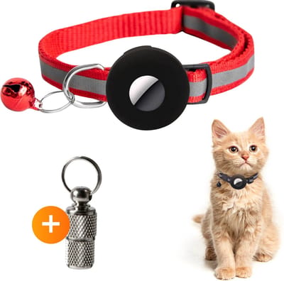ACE PETS - Kattenhalsband met tag houder en veiligheidssluiting - Geschikt voor AirTag - Veilig - Reflecterend - Verstelbaar - met adreskoker - Waterbestendig - Rood