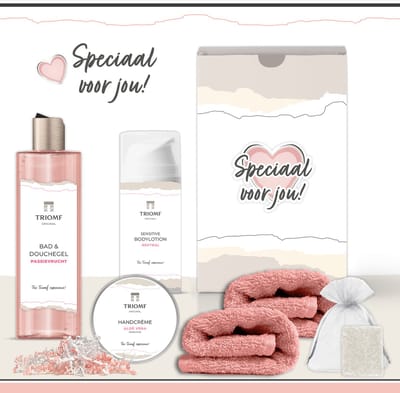 Geschenkset “Speciaal voor jou!” - 6 producten - 600 gram - Triomf Cosmetica | Giftset voor haar Luxe wellness cadeaubox Cadeau vrouw Set Valentijn Geschenk Verjaardag Moederdag Cadeaupakket Kerst Kerstpakket Bedankt Gift Vriendin Collega Moeder Roze