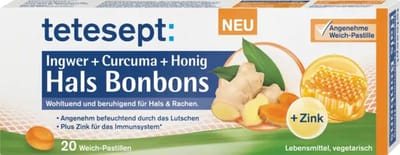 tetesept Keelbonbons Gember + Kurkuma + Honing Pastillen 20 Stuks 20 g