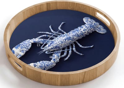 Dienblad rond 40x40 cm - Schootdienblad hout - Kreeft - Porselein - Delfts - Blauw - Borrelplank rechthoek - Plateau houten dienbladen
