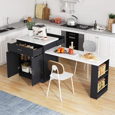 MEUNIQ keukeneiland met uitschuifbare eettafel 211 x 55 x 89,5 cm, stopcontact en USB, 2 lades, kast en open planken, voor keuken, zwart met witte marmerlook