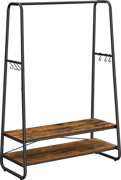 kledingrek, kapstok, garderobe, 2 legplanken, 6 haken in S-vorm, stalen frame, voor slaapkamer, hal, entree, industrieel ontwerp, vintage bruin-zwart RGR112B01