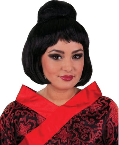 Funny Fashion Japanse Geisha pruik - zwart - met hoge knot - damespruik - Carnaval - verkleedpruiken
