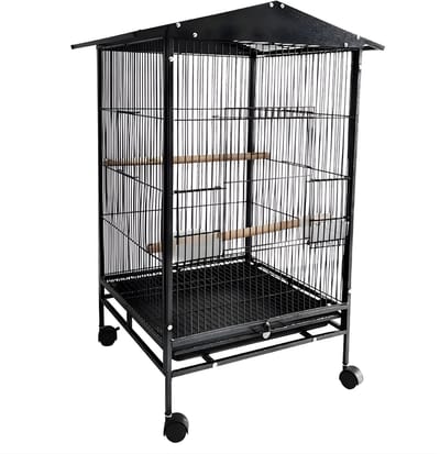 Vogelkooi 33 Inch Papegaaienkooi - Voor Kleine Papegaaien & Parkieten - Grote Staande Smeedijzeren Kooi met Wielen en Voederbak - parkietenkooi - zwart