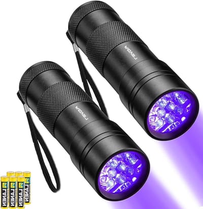 LEAGY 2-Pack 12 LED 395nm Mini UV Zaklampen met Batterijen - Huisdierurinedetector, voor Valsgelddetectie, Bankbiljetten, Documentverificatie, enz (Zwart)