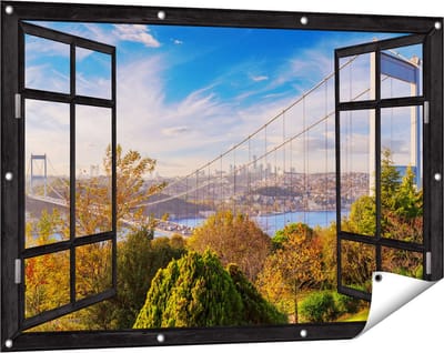 Gards Tuinposter Doorkijk Bosphorus Brug in Instanbul - 120x80 cm - Tuindoek - Tuindecoratie - Wanddecoratie buiten - Tuinschilderij