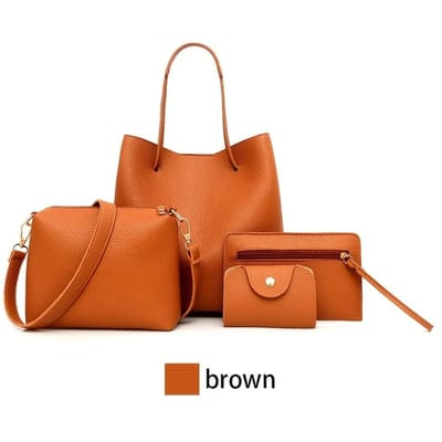 4-delige set Handtas van leer met grote capaciteit Effen kleur Lychee textuur Schoudertas Emmer tas Portemonnee Handtas orange