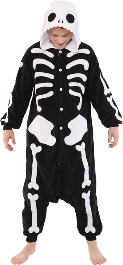 KIMU® Onesie Skelet Pak - Maat XS-S of 152-158 - Skeletpak Kostuum Zwart Wit Botten - Halloween Huispak Jumpsuit Pyjama Dames Heren Overall Festival