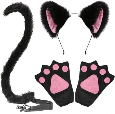 4-delige Faux Fur Kattenoren Cosplay Set met Pluche Klauwen en Staart voor Feestelijke Kostuums voor Volwassenen en Dames