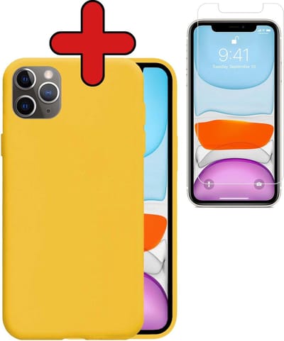 Hoesje - Met Screenprotector - Geschikt voor Apple iPhone 11 Pro - Sterk & Shockproof - Telefoon Hoes - Back Cover - Siliconen Case - Telefoonhoes - Geel