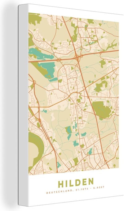 Canvas Schilderij Hilden - Vintage - Kaart - Stadskaart - Plattegrond. - 20x30 cm - Wanddecoratie