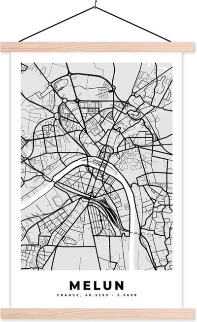 Posterhanger incl. Poster 40x60 cm - Schoolplaat - Kaart – Stadskaart – Frankrijk - Melun - Plattegrond - Textielposter - Blanke latten - Stadskaart