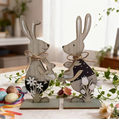 FSW-Products Paasdecoratie Houten Paashazen 2 stuks Staand 14,5 cm Decoratie Figuren