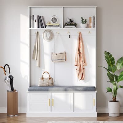 Wishdor - Kapstok Met Schoenenbank En Schoenenrek - Vrijstaand - Modern - Voor Hal - Spaanplaat - Wit - 120 x 40 x 191 cm