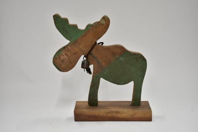 Eland hout - houten Figuur Eland - KERST - Retro - Vintage houten Eland - Eland met koperen bel.