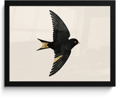 Poster in lijst - Fotolijst 40x30 cm - Posters - Zwarte zwaluw - Gouden accenten - Lichte achtergrond - Posterlijst zwart - Decoratie - Wanddecoratie woonkamer - Muurdecoratie slaapkamer