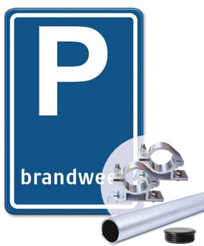 Parkeerbord Brandweer - blauw - Weerbestendig Aluminium - 30x45 cm - Bevestiging: Met paal 150 cm + paalbeugels + paaldop