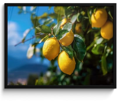Poster in lijst - Fotolijst 70x50 cm - Posters - Citroenen - Bladeren - Blauwe lucht - Posterlijst zwart - Decoratie - Wanddecoratie woonkamer - Muurdecoratie slaapkamer