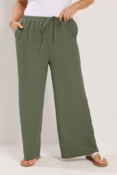 Yours Khakigroene Crinkle Broek Met Wijde Pijpen Size Regular > 42