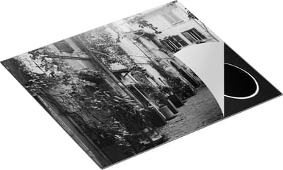 Chefcare Inductie Beschermer Straatje in Rome met Groene Planten - Zwart Wit - 60x50 cm - Afdekplaat Inductie - Kookplaat Beschermer - Inductie Mat